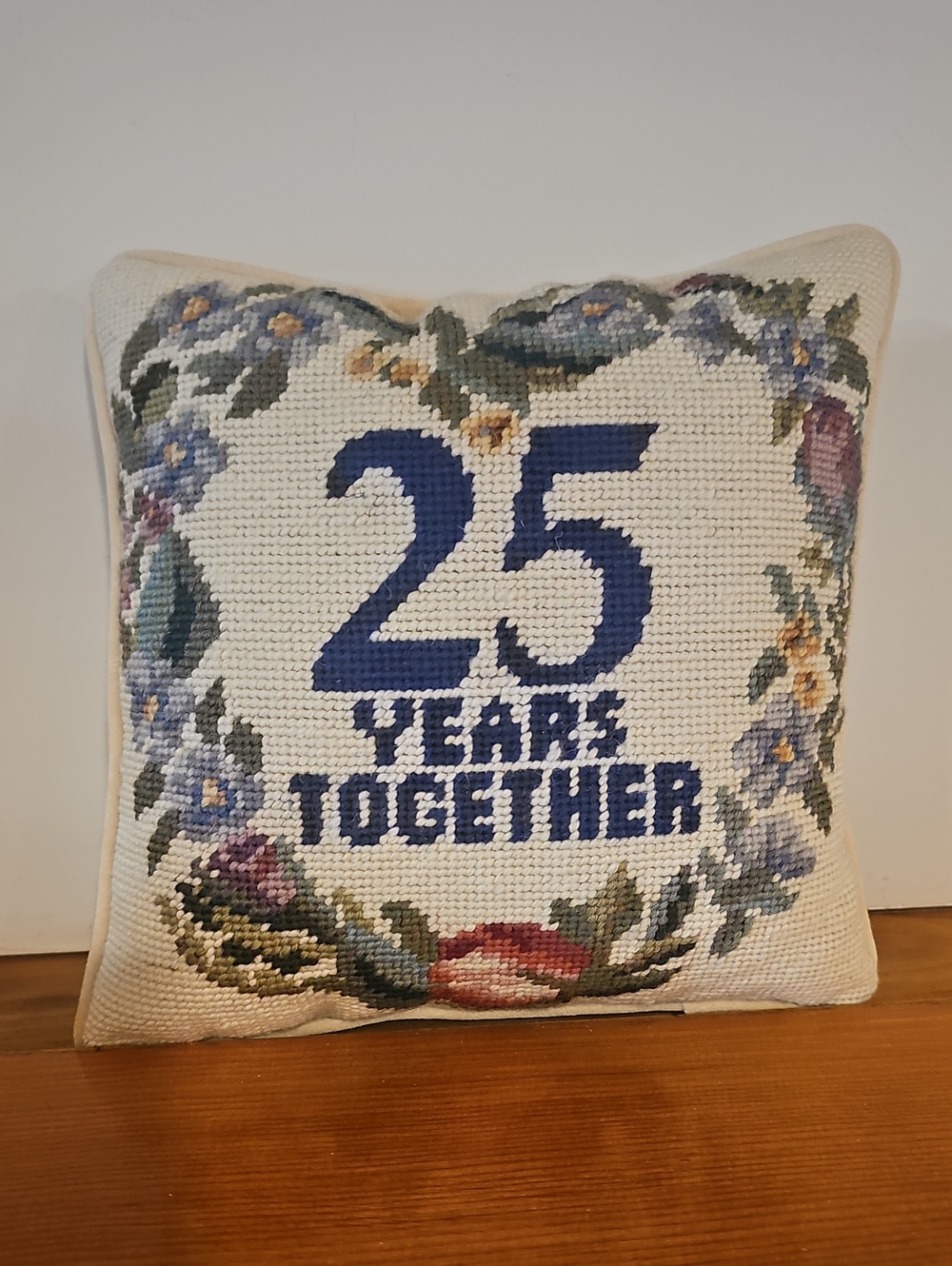 Vintage 25 Years Together Needlepoint Silver Anniversary Throw Pillow